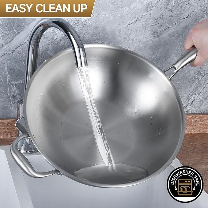 LOLYKITCH 14.5 Inch Tri-Ply Stainless Steel Wok Pan, Stir-Fry Pan,Induction Chef's Cooking Pan,Dishwasher and Oven Safe,Heavy Duty and Detachable Handle