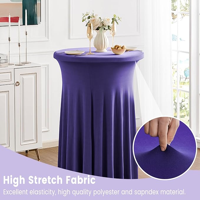 Qubjus 2 Pack Cocktail Tablecloths Stretch Table Skirt - 32x43 inch Bar High Top Stylish and Elegant Cocktail Table Covers for Parties, Weddings, Holidays - Purple