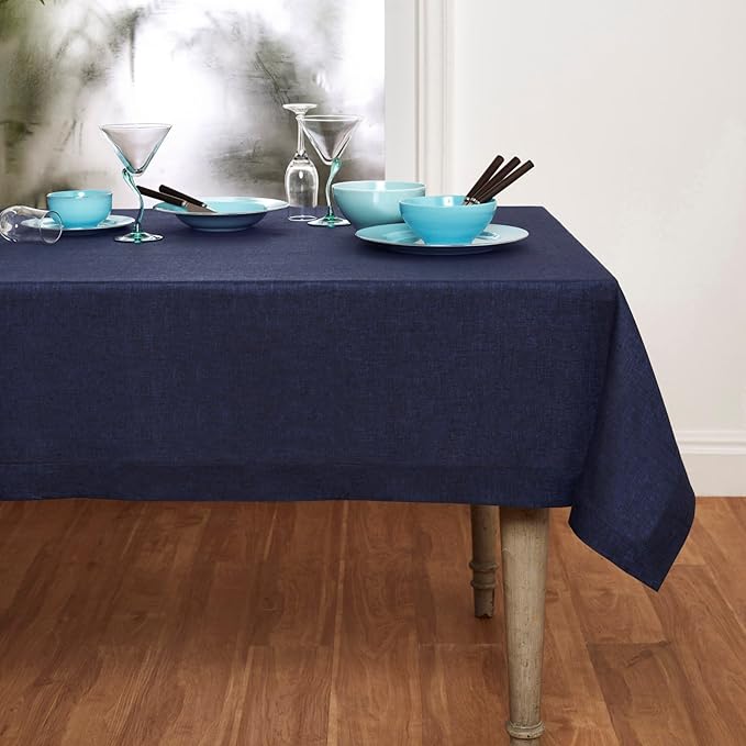 Solino Home Linen Tablecloth 60 x 132 Inch - 100% Pure Linen Chambray Navy Table Cloth for Rectangular Tables - Athena, Machine Washable Cloth Tablecloth for Winter, Spring