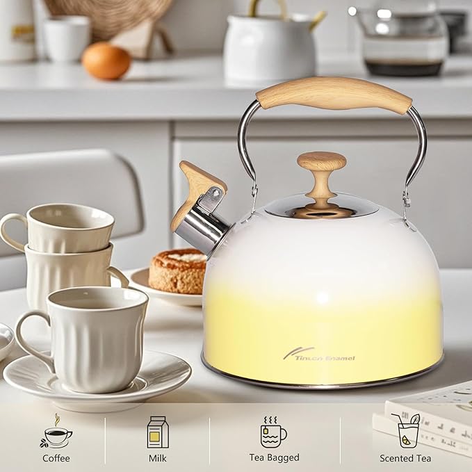 Tea Kettle, 2.5 Quart /2.4 Liter Whistling Tea Kettle，Food Grade Stainless Steel Tea Pot With Folding Handle, Suitable for Induction & Gas Stove,Teapot Stovetop for Tea, Coffee, Milk - Gradient Yellow