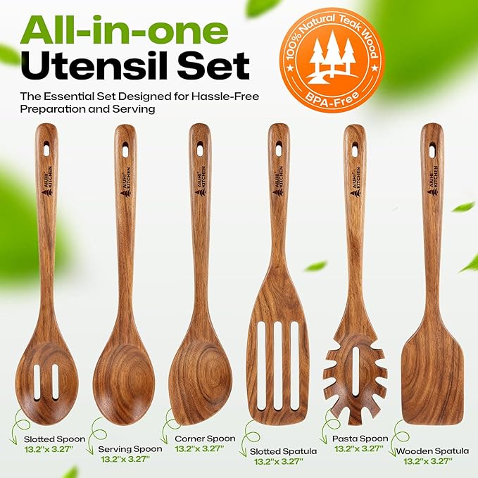 AIUHI Wooden Utensils Set of 6, Teak Wood Kitchen Utensils Set for Non-stick Cookware, Non-Toxic Wooden Spoons for Cooking-Durable, Comfortable Grip & Heat Resistant