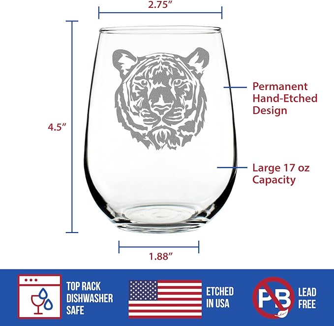 Custom Tiger Face Personalized Stemless Wine Glass - Tiger Themed Decor and Gifts for Animal Lovers - Large 17 Oz Glasses - Customized Wine Glass Gift