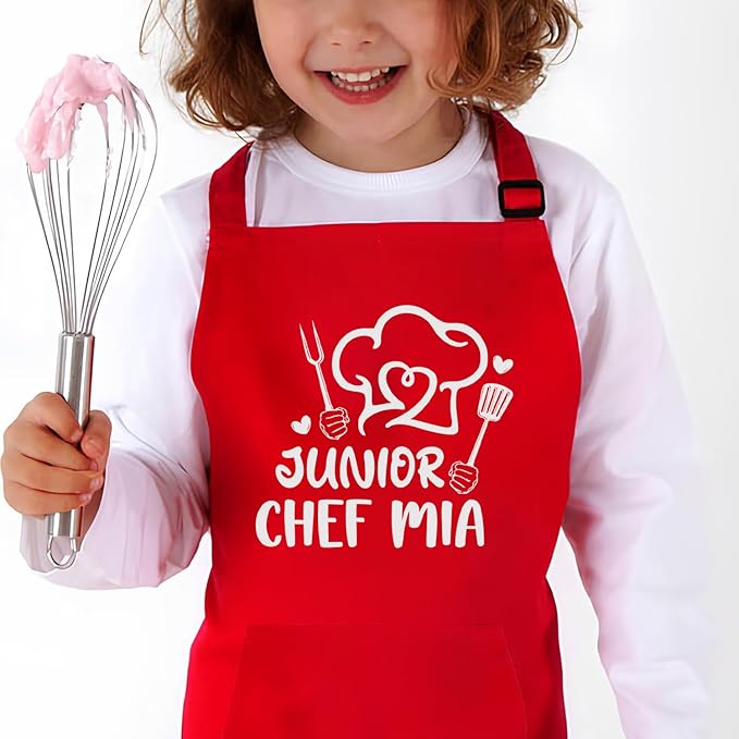 Custom Kids Apron Set with Hat, Waterproof Adjustable Apron with 2 Pockets for Cooking, Baking, Painting & Art, Personalized Christmas Gift for Daughter, Son, Granddaughter