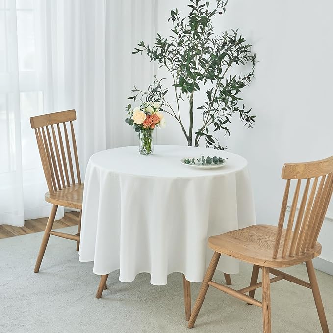 maxmill Round Weaved Texture Design Tablecloth Spill-Proof Wrinkle Free Soft Washable Table Cloth for Circular Table Cover, for Dining Room Buffet Banquet Parties Holiday Dinner, 90 Inch White