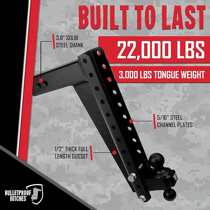 BulletProof Hitches - 3.0" Adjustable Heavy Duty Trailer Hitch (22,000 lb. Rating) - 18" Drop/Rise Trailer Hitch with 2" & 2-5/16" Dual Ball - Powder Coat, Solid Steel, Corrosion-Resistant