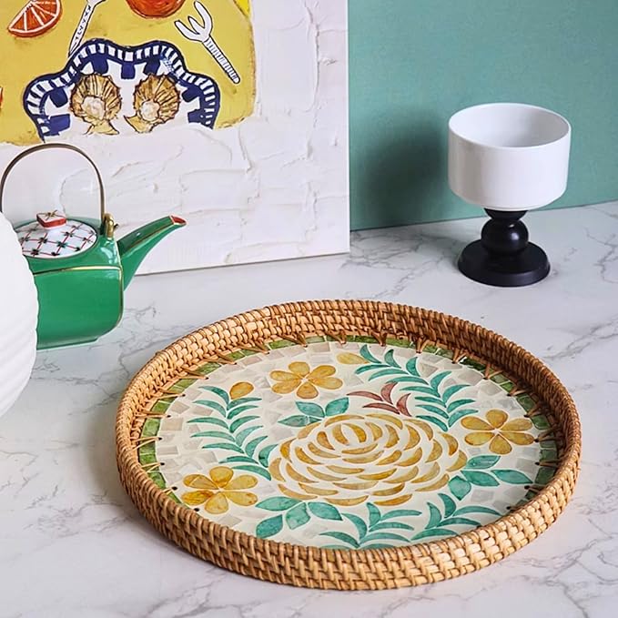 14" Large Rattan Serving Tray with Mother of Pearl, Round Coffee Table Tray Decor, Boho Decorative Hand-Woven Wicker Home Decor (Peony Flower)