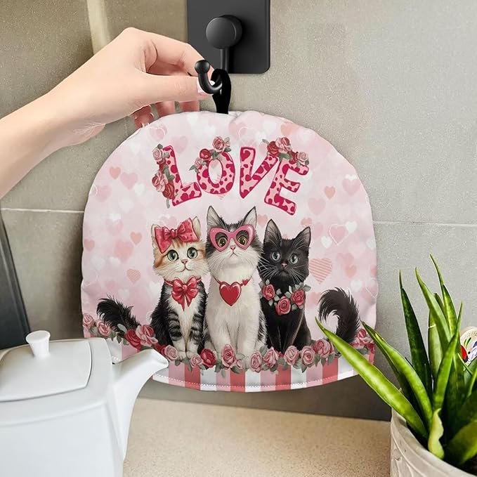 Pink Tea Cozy for Teapot Insulated Love Heart Kettle Cover Thick Home Decorative Cat Kettle Kitchen Dust Cover for Kitchen Accessory