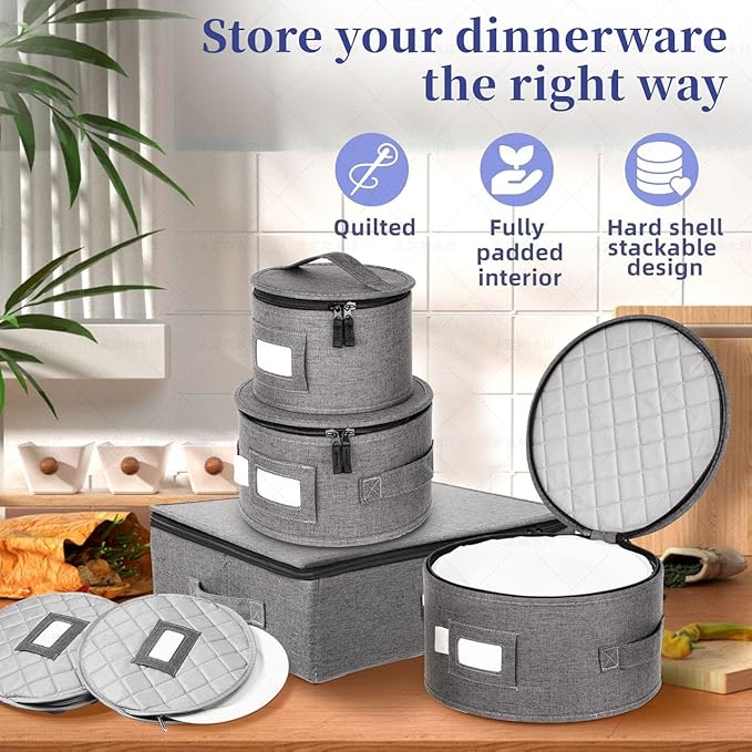 LUXULA China Storage Containers for 12 Place Setting with Two Plate Bags, 5 Pcs Hard Shell Quilted China Storage Cases for Dinner Plates, Salad Plates, Dessert Plates, Saucers, Cups & Mug Storage