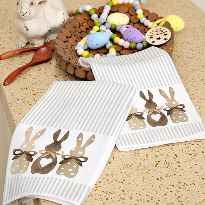 ARKENY Easter Kitchen Towels Set of 2,Beige Bunny Dish Towels 18x26 Inch Drying Dishcloth,Farmhouse Home Seasonal Spring Decorations AD220