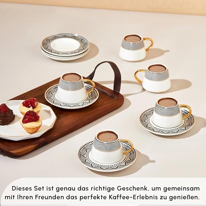 KARACA Globe Turkish Coffee Cup Set of 6, 80ml, 2.7 oz, Small Espresso Cups with Saucers, Porcelain, Black Patterns, and Gold Handles, Ideal for Serving Greek, Arabic Coffee