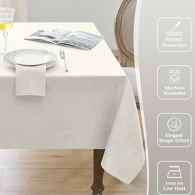 Softalker Cream Table Cloth Rectangular 52 x 70 Inch Linen Textured Outdoor Tablecloth Stain and Wrinkle Resistant Table Cover for Spring,Easter,Summer,Tea Party,Kitchen Boho Decor Small Tabletop