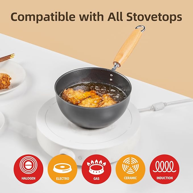 1.5 QT Small Wok, Cold-Forged Iron Mini Wok with Glass Lid, 7 Inch Flat Bottom Iron Cooking Pot for Stir Fry, Ramen, Soup & Oatmeal, Healthy Wok with Coating-Free, Induction Ready