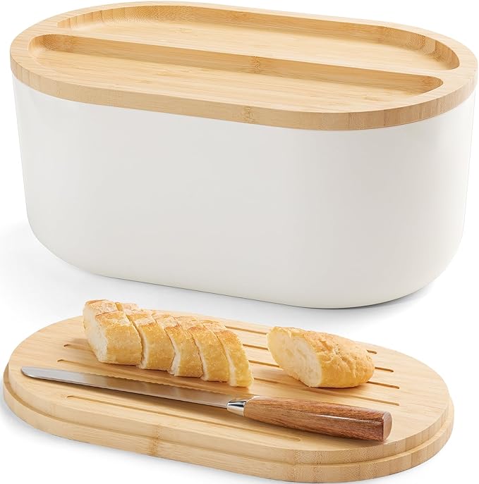 HouseJoy Large Bread Box for Kitchen Countertop,Fiber Bread Box With Thick Cutting Board Lid-Includes,White Bread Storage for Homemade Container,Corner Bread Holder for Toast Bagel Donut Cookies