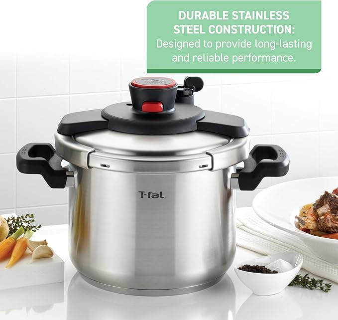 T-fal Clipso Stainless Steel Pressure Cooker, 6.3 Quart, Induction Cookware, Secure Locking System, One Hand System, Recipe Book Included, Pots and Pans, Kitchen, Silver