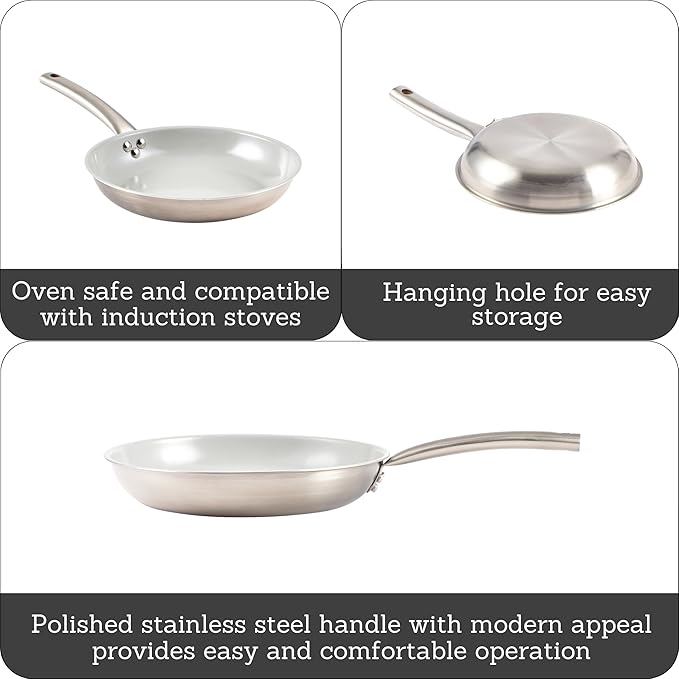 IMUSA 10” Stainless Steel Frying Pan with Gray Ceramic Non Stick Coating, 2 Ply Aluminum Construction, Oven Safe and Induction Compatible Skillet