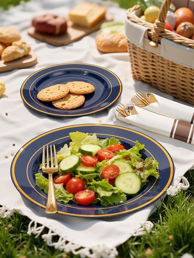 175PCS Blue and Gold Plastic Plates - Navy Blue Plates with Pre Rolled Napkins for Party - 25Guest Disposable Dinnerware Sets for Party/Birthday/Wedding