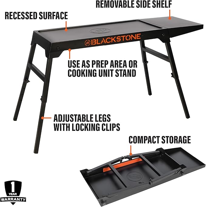 BLACKSTONE 5477 XL 17" and 22" Tabletop Griddle Stand, Adjustable Prep Table with Folding Legs and Side Shelf, Powder Coated Steel, Black