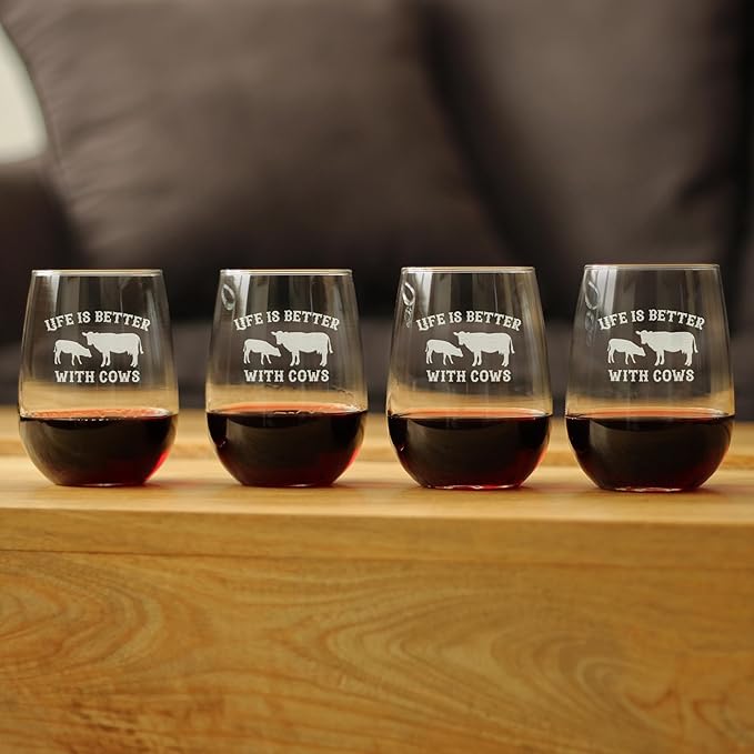 Life Is Better With Cows - Stemless Wine Glass - Funny Cow Gifts and Decor for Men & Women - Set of 4 - Large 17 oz Glasses
