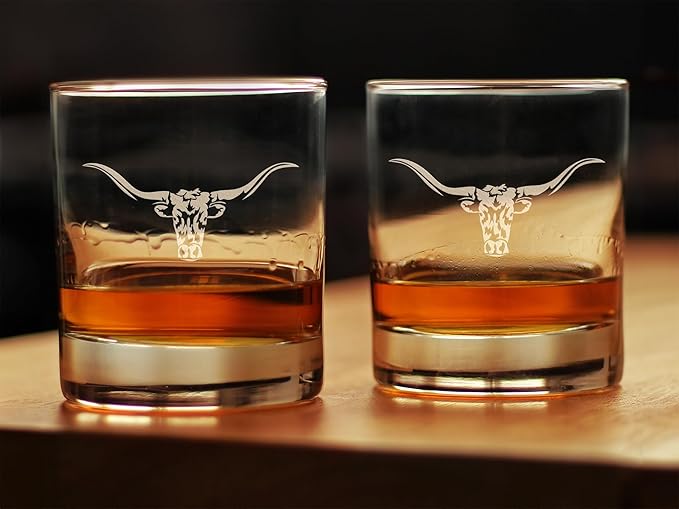 Bevvee Longhorn - Whiskey Rocks Glass - Set of 2 - Western Themed Farm Decor and Gifts for Texan Ranchers - 10.25 Ounce