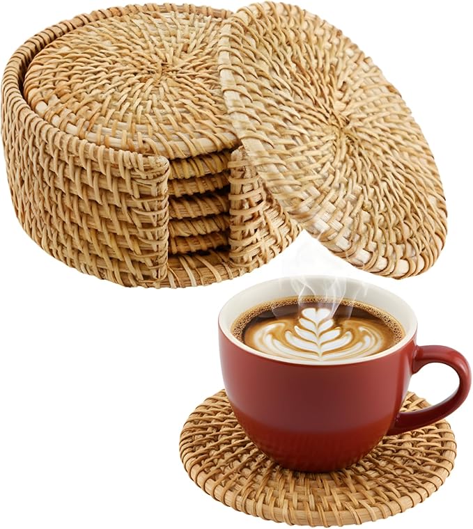 Handwoven Rattan Coasters Set of 6 for Drinks, Boho Wood Cup Coasters with Holder for Tabletop Protection, Vintage Coaster for Desk, Famrhouse & Hostess Gifts