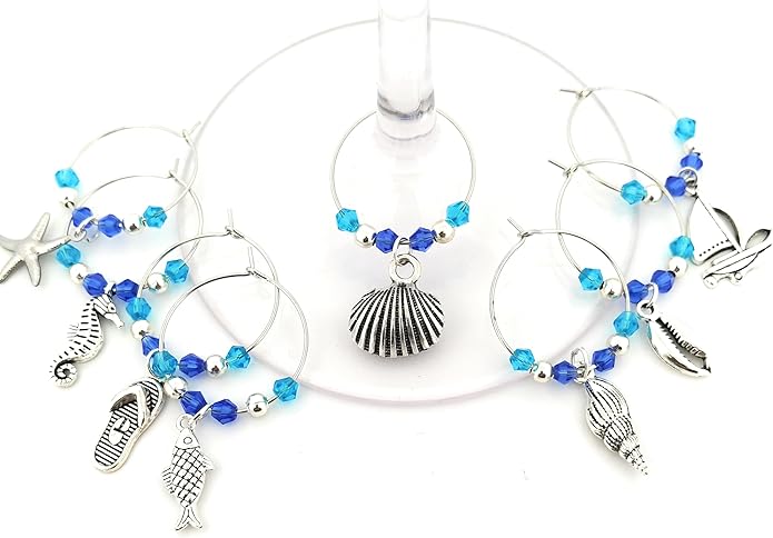 Beach Wine Charms, Seashell, Summer Wine Charms, Beach Lover and House Gifts, Nautical Glass Identifiers, Shell Glass Tags, Clam Shell, Party Supplies and Party Favors - 8 piece set