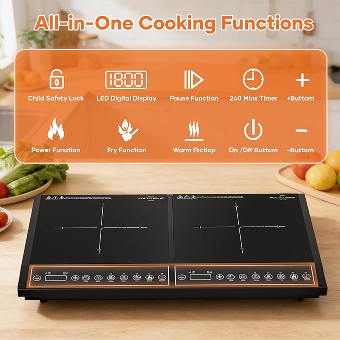 24 Inch Double Induction Cooktop, Button Control, 1800W Power Sharing, Low Power Continuous Heating, Portable Countertop Electric Cooker