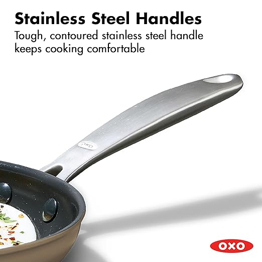 OXO Enhanced 10” Nonstick Frying Pan Skillet, Ceramic PFAS-Free Cookware, Stainless Steel Handle, Eggs & Omelets, Dishwasher & Oven Safe, Biscuit Brown