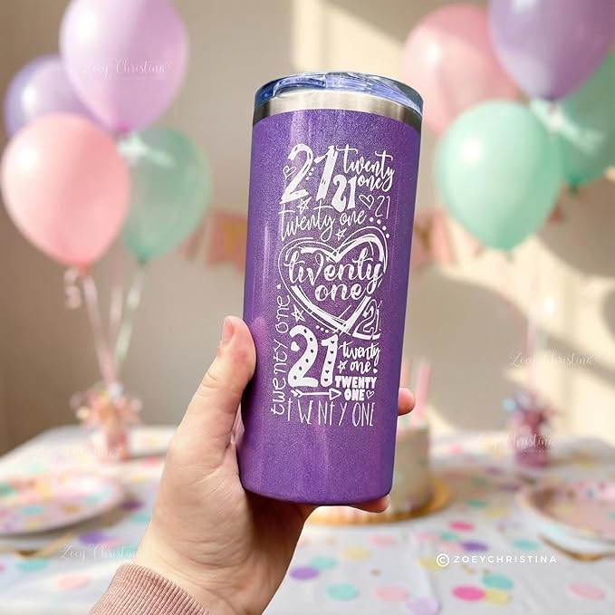 Zoey Christina 21st Birthday Stainless Steel Coffee Tumbler, 16 oz, Handleless, Purple & Mint Colors, Shimmer Finish (Purple)