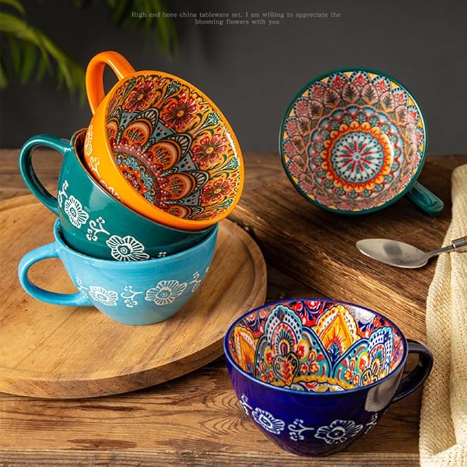 Bohemian Hand-Painted Ceramic Mug, 15 Oz Large Coffee Cup for Milk, Tea, and Breakfast, Dishwasher & Microwave Safe Artisan Cup, Green-M
