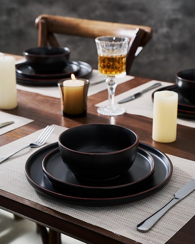 Famiware Mercury 24 Pieces Dinnerware Sets, Plates and Bowls Sets for 8, Microwave and Dishwasher Safe Dish Set, Matte Black