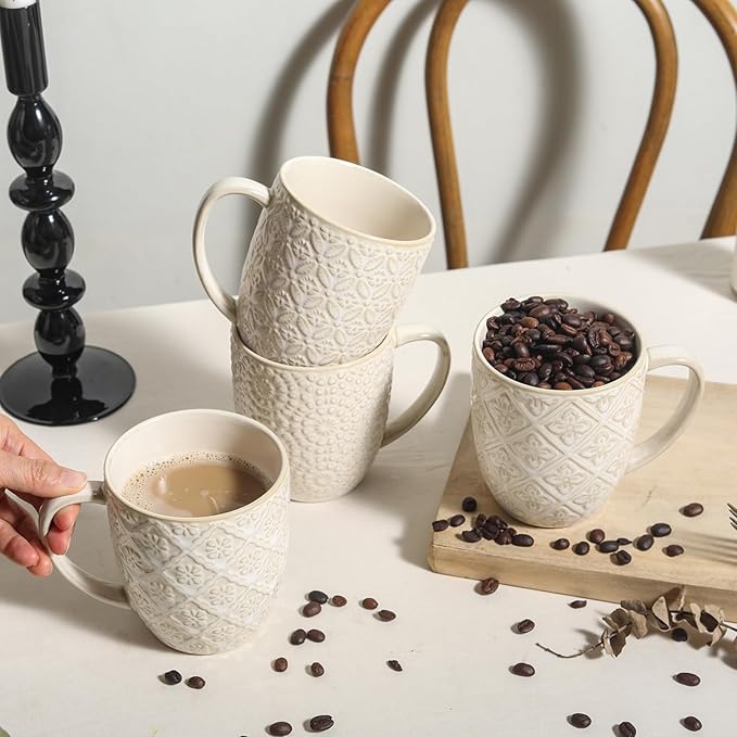 Coffee Mug Set of 4, 16 oz Large Ceramic Mugs, Porcelain Embossed Cups for Cocoa, Tea, Milk, Mocha, Cappuccino - Housewarming Present, Wedding Decoration, Dishwasher Safe, 3.5 x 4.5 inch