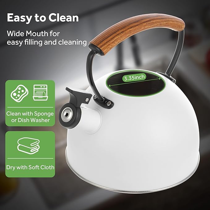 YSSOA Whistling Stovetop Tea Kettle, 3.2 Quart Stainless Steel Teapot with Cool Touch Ergonomic Handle, Hot Water Fast to Boil, White