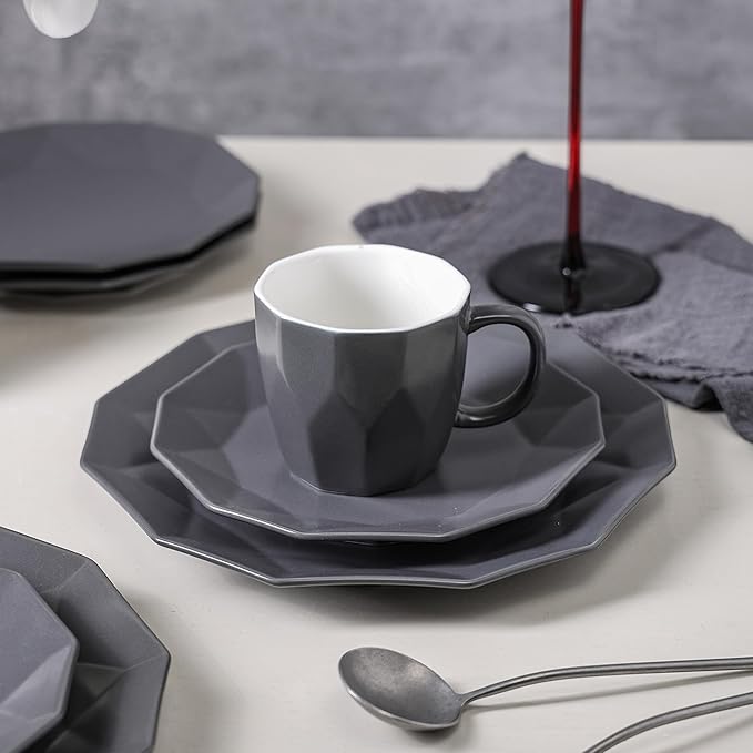 Stone + Lain Jamie Porcelain 16-Piece Geometric Dinnerware Set, Grey