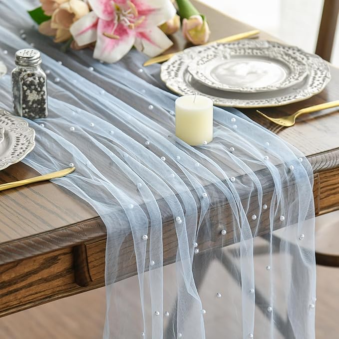 Artoid Mode 6PCS Pearl Blue Gauze Table Runner 120 Inch 10FT, Seasonal Sheer Dining Holiday Wedding Birthday Baby Shower Table Decor for Home Party