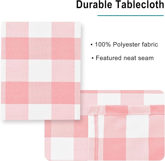 Hiasan Checkered Square Tablecloth - Stain Resistant, Waterproof and Wrinkle Resistant Washable Table Cloth for Valentine's Day, Dining Room, 60 x 60 Inch, Peach Pink and White Gingham Pattern