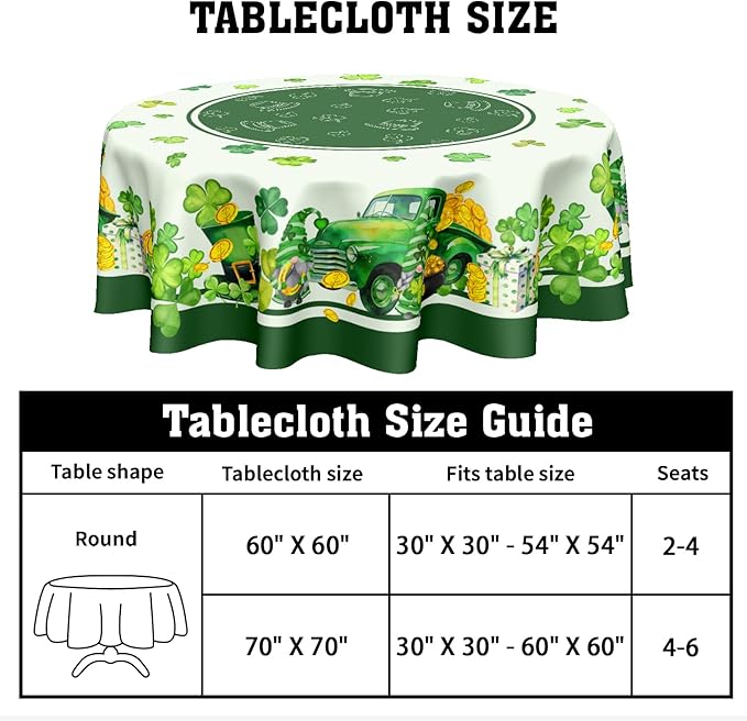 St Patricks Day Round Tablecloth 70 Inch Green St Patrick's Day Shamrocks Gnome Truck Table Cloth Spring Holiday Table Cover for Party Kitchen Dinner Home Decor