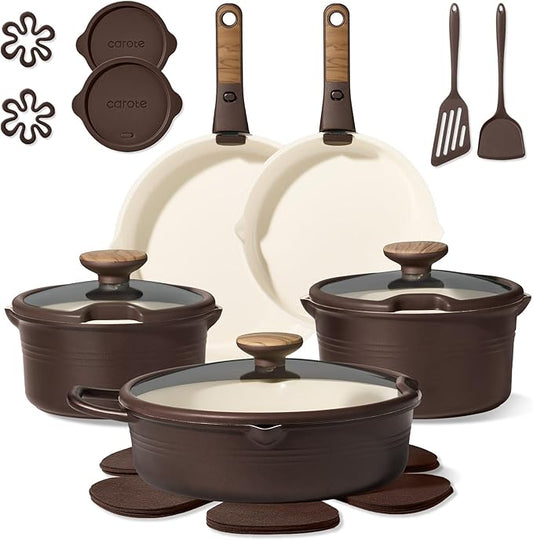 CAROTE 20Pcs Titanium Cookware Set, Pots and Pans Set Non Stick, Kitchen Cooking Set with Detachable Handle, Non Toxic Induction Cookware, Dishwasher/Oven Safe, Browm
