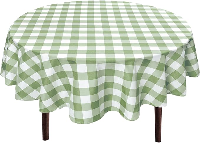 Hiasan Checkered Round Tablecloth 120 Inch - Waterproof Stain and Wrinkle Resistant Washable Fabric Table Cloth for Dining Room Party Outdoor Picnic,Sage Green and White