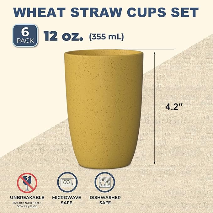 Wheat Straw Cups 6 PCS Good Alternative to Plastic Reusable Cups 12 oz Unbreakable Drinking Cup Reusable Dishwasher Safe Water Plastic Glasses Yellow