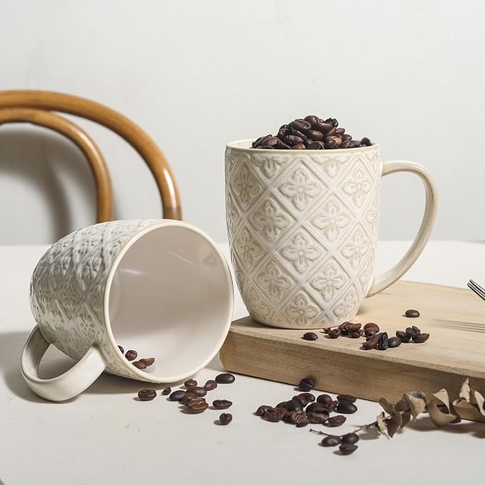 Coffee Mug Set of 4, 16 oz Large Ceramic Mugs, Porcelain Embossed Cups for Cocoa, Tea, Milk, Mocha, Cappuccino - Housewarming Present, Wedding Decoration, Dishwasher Safe, 3.5 x 4.5 inch