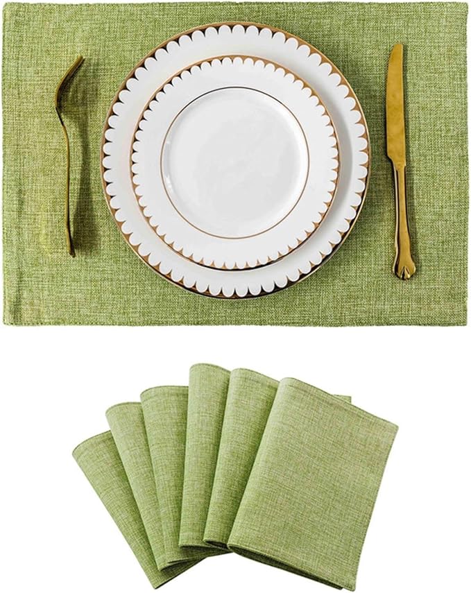 Placemat Set of 4/6 Washable Place Mats Placemats Heat Faux Linen Burlap Placemat for Dining Table Kitchen Table Mats(Grass Green 6 Pieces)
