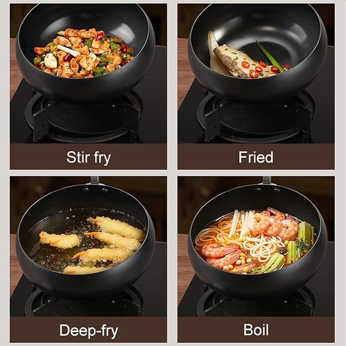 Carbon Steel Wok Pan, 9.5" Woks & Stir-Fry Pans with Wooden Lid Cookwares, Nonstick Wok Flat Bottom Small Handmade Chinese Wok For for All Stoves
