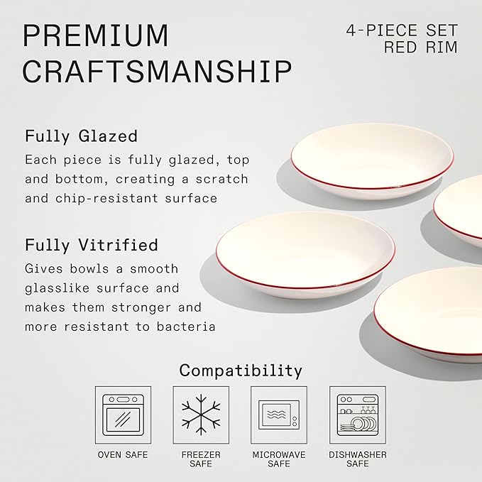 Made In Cookware - Set of 4 - Entrée Bowls - White With Red Rim - Porcelain - Crafted in England