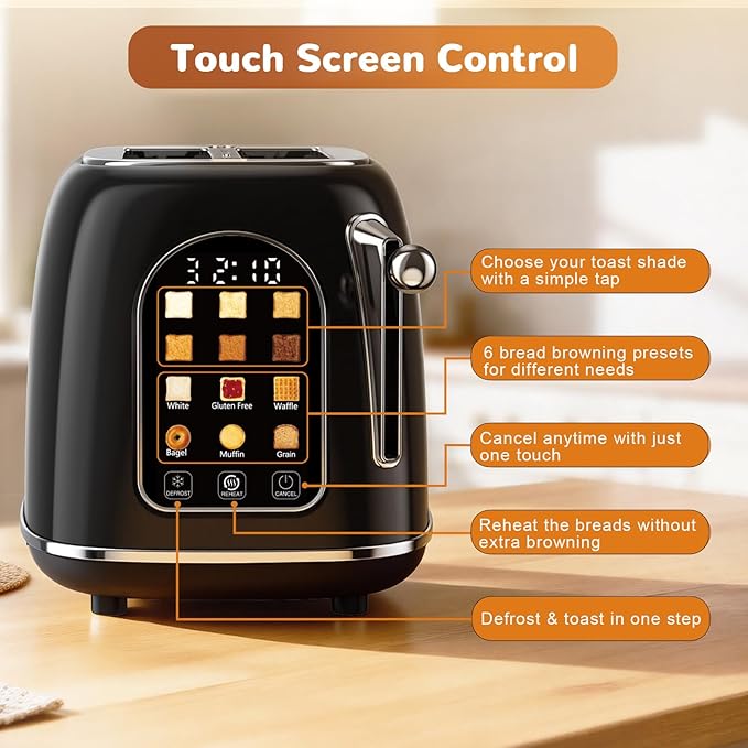 Mecity Toaster 2 Slice, Touch Screen Wide Slot Retro Toaster For Breads Bagel Muffin Waffle, House Warming Gift New Home, 120V 825W, Jet Black