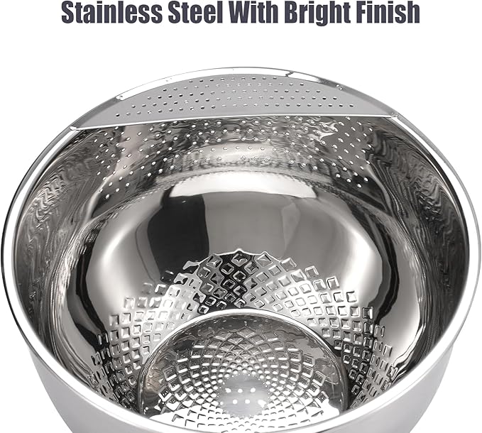 Rice Washer Strainer Bowl Quinoa Washing Bowl Stainless Steel Colander Versatile Side Drainers for Cleaning Rinsing Fruits, Vegetables, and Beans - Tilting Non-slip Silicone Bottom