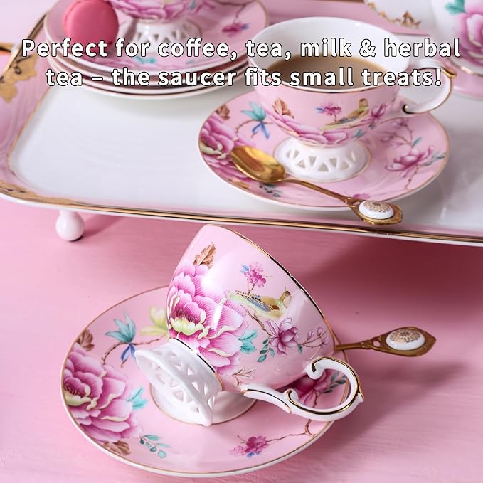 Bone China Cup & Saucer Set, Vintage Ceramic Coffee Cup with Gold Trim, Porcelain Floral Tea Cup with Saucer Spoon, Dishwasher Safe, Food Grade Coffee Mug for Tea Party, Gifts Giving, 6.8 oz