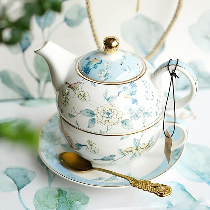 Porcelain Tea for One Teapot and Cup Set, Vintage Floral Porcelain Tea Pot Sets Gift for Women
