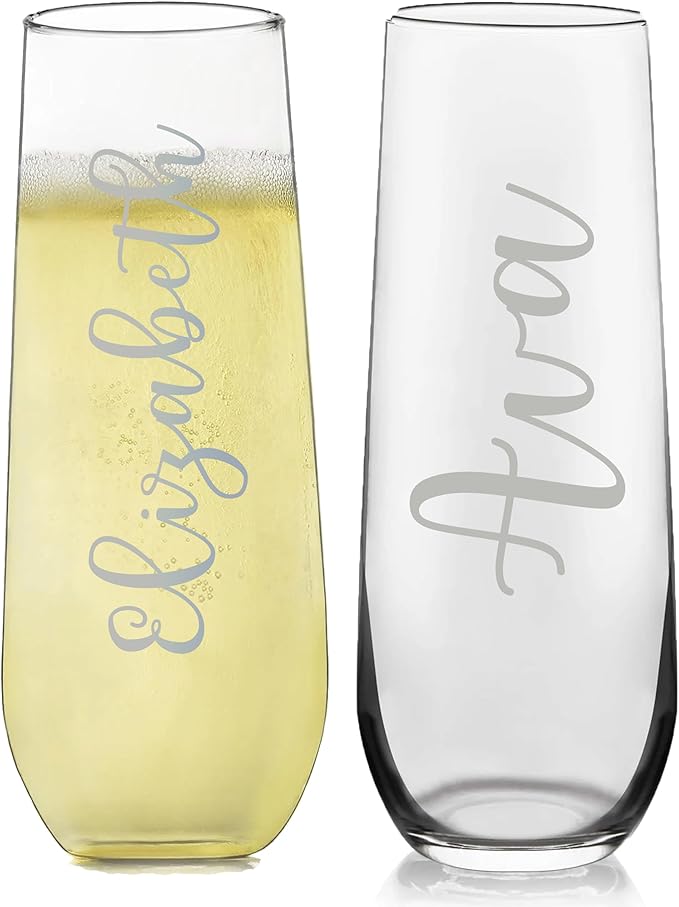 Personalized Champagne Stemless Flute Glass 8.5-ounce Custom Name Wedding Birthday Baby Shower Glass