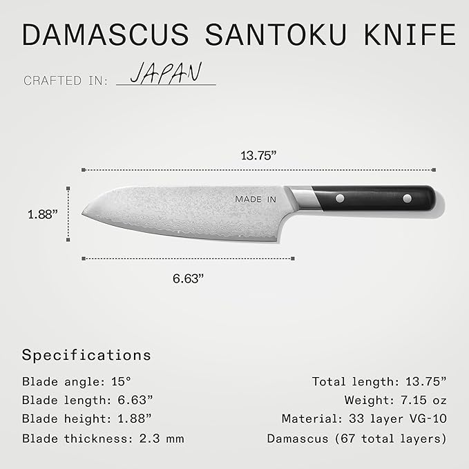 Made In Cookware - 3-piece Japanese Damascus Steel Knife Set (Includes Gyuto, Nakiri and Santoku) - 66 Layers of Damascus Steel with a VG-10 Core - Crafted in Japan - Full Tang With Black POM Handle