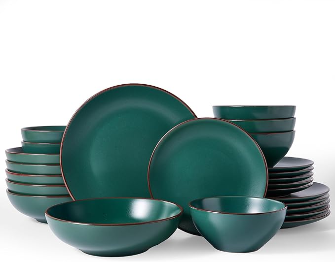 Famiware Venus Speckled Dinnerware Set with Pasta Bowls, Service for 6 (24 Pieces), Stoneware Plates and Double Bowls Sets, Microwave & Dishwasher-Safe Dishes with Trim, Matte Dark Green